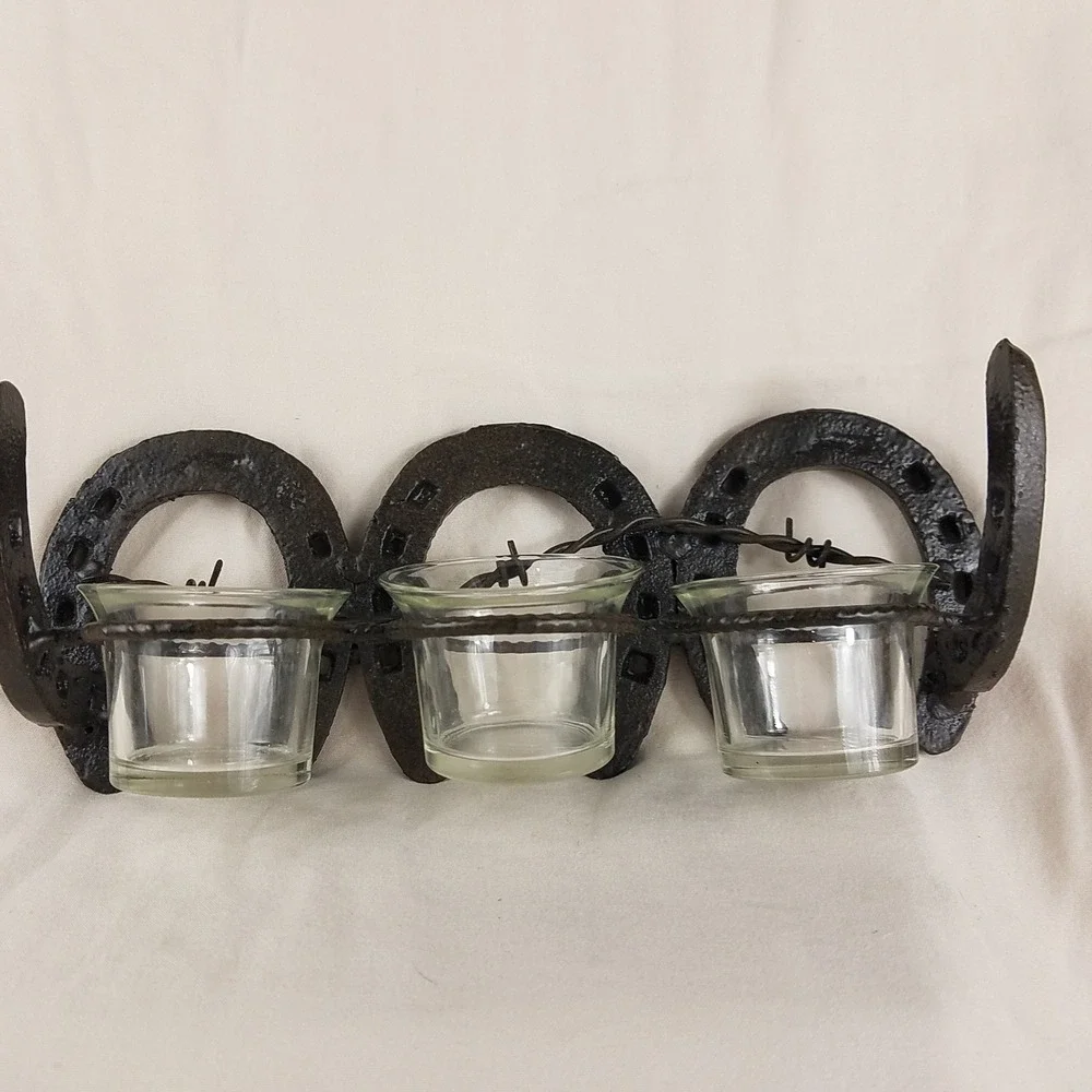 Rustic‎ Horseshoe Barbed Wire Votive Candle Holder 3 Glass Cups Western Decor